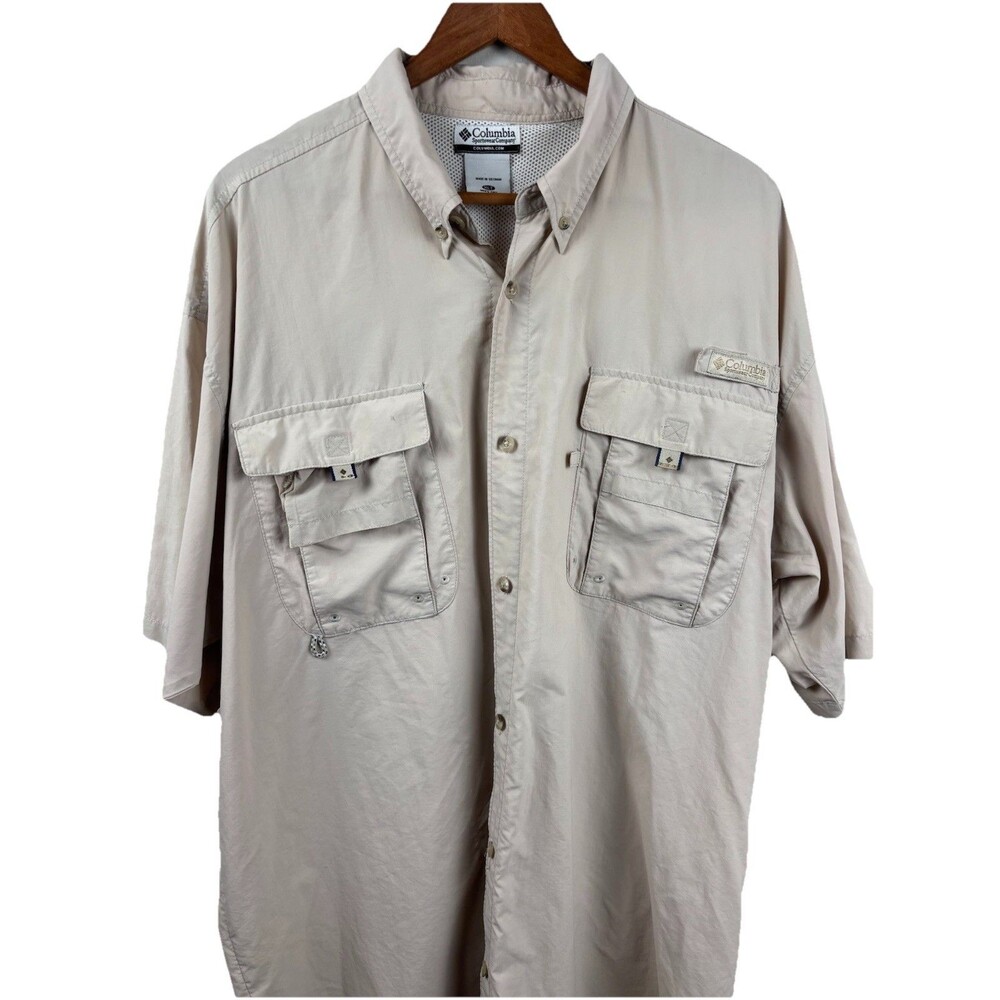 Columbia PFG Fishing Short Sleeve Shirt Beige Omni Shade Men XLT Performance